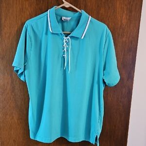 Women's Teal Lace-Up Polo Shirt, Sz 1X, Studio Works